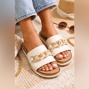 Yellow Box Women's Cream Slide Sandals with Chain Detail